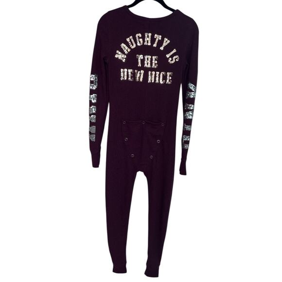 VS PINK Bling Thermal Naughty New Nice One Piece Pajama Size Small Butt Flap - Picture 4 of 10